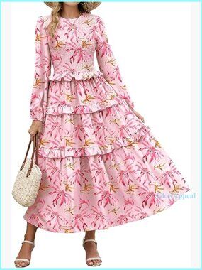 Smocked Maxi Dress Long Puff Sleeve Tiered Ruffle Boho Wedding Guest